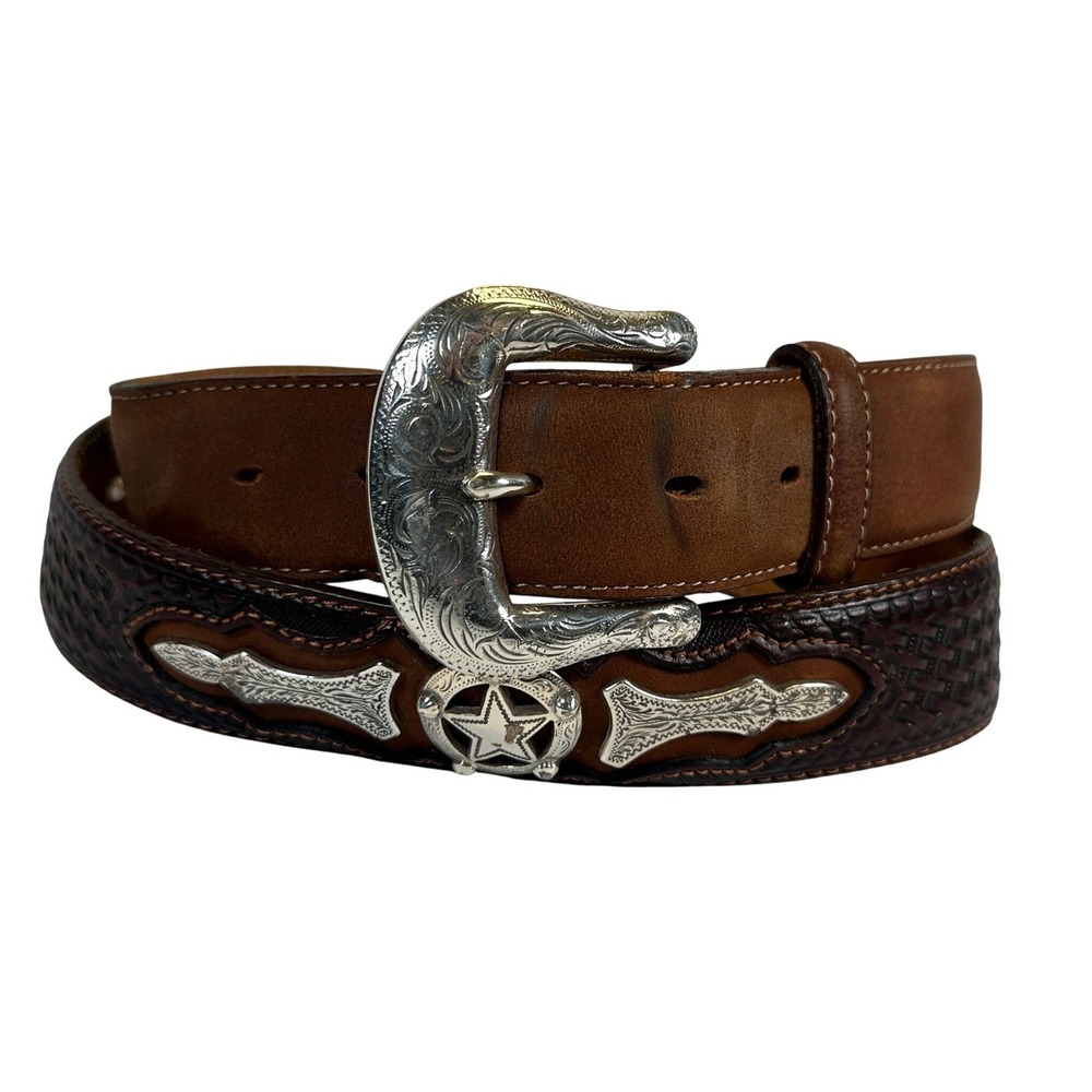 Justin Mens Brown Leather Western Belt Basketweave Silver Star Buckle 42